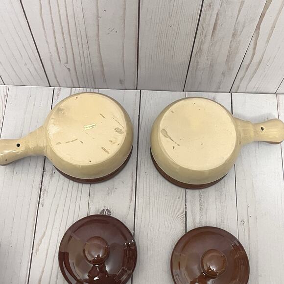 Vintage Set of 4 Pc Onion Soup Bowls with Handle & Lids Brown Glazed Ceramic NIB - Picture 4 of 6